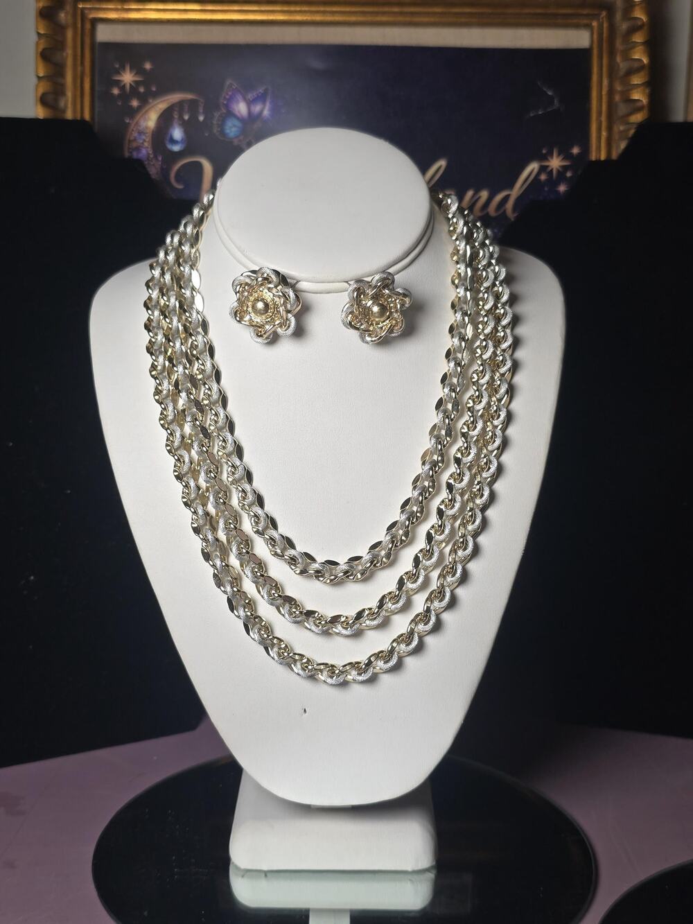 Vintage Germany Two-Tone Multi Strand Chain Necklace & Clip Earring Set